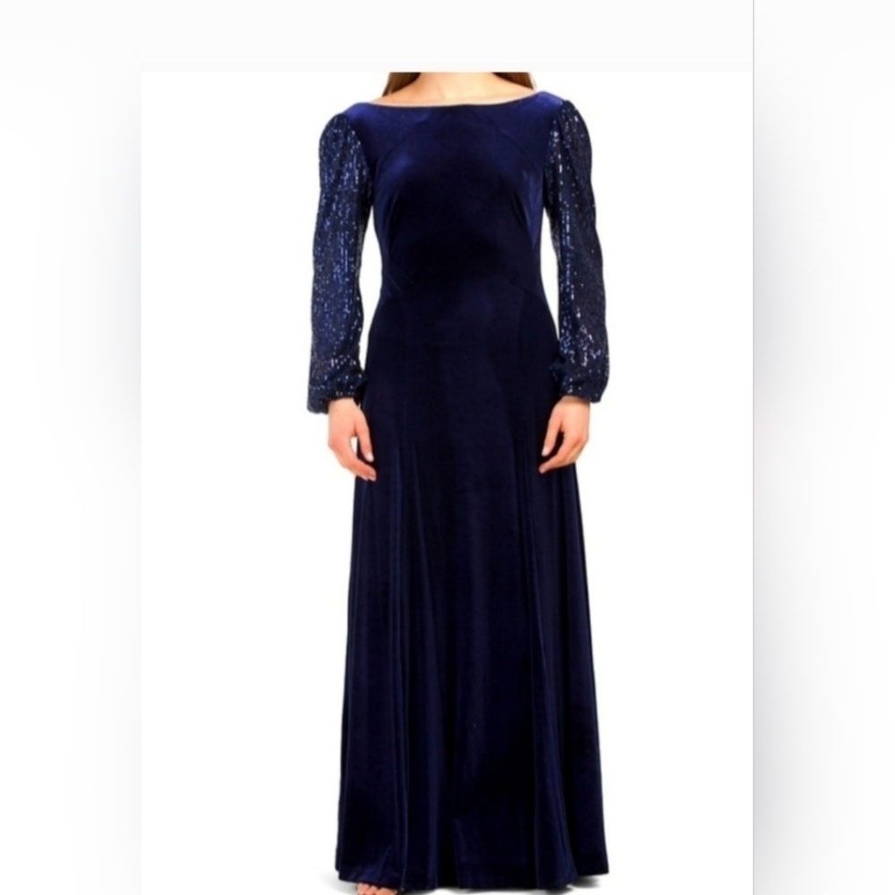 TAHARI LEVINE ROYAL BLUE SEQUINS  LONG SLEEVES VELVET BOAT NECK  DRESS‎